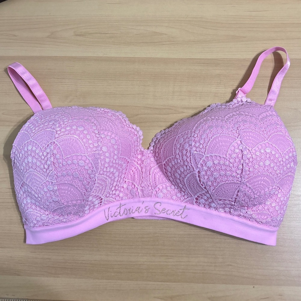 Victoria's Secret Pink Lace Lined No-Wire Bra 36DD Glitter Logo Band Wireless